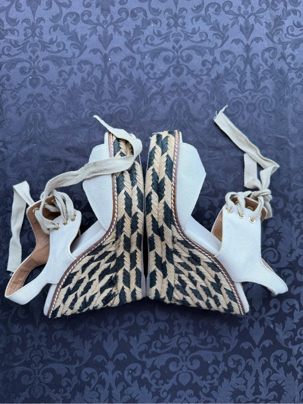 Tory Burch Linley High Wedge Espadrille Sandals Sz 6 Ivory Black Canvas Lace Up